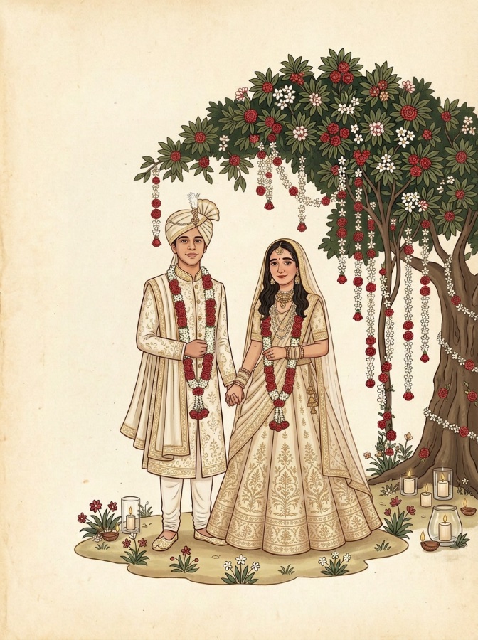 Illustrated Ashish and Anushka in ivory wedding attire under the tree