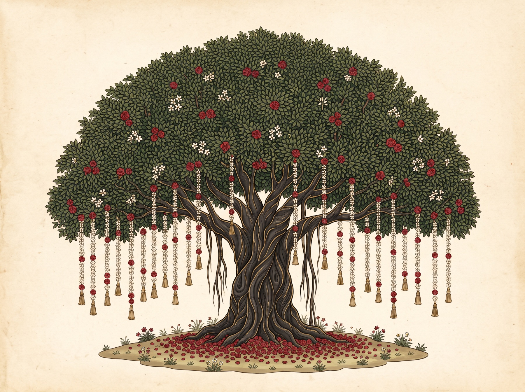 The old tree, hung with roses and jasmine